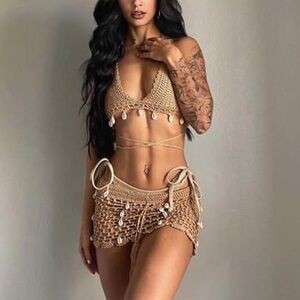 ZAFUL Women Bikini Set Boho Shell Tassel Crochet Tie Swimwear Cheeky Swimsuit